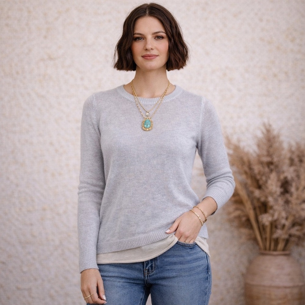 Brochu Walker 100% Cashmere Double Layer Hem Sweater Grey Cream Womens S